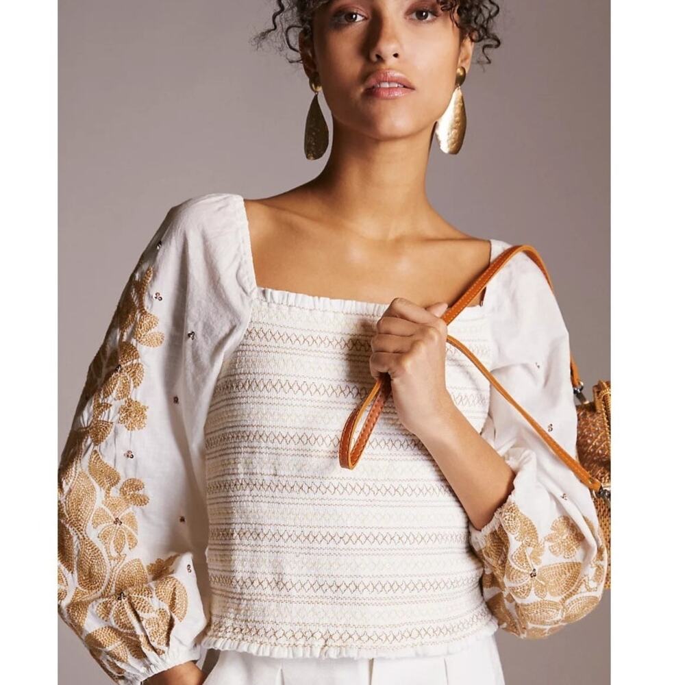Anthropologie Embroidered Smock Top Womens Small Floral Milkmaid Balloon Sleeve